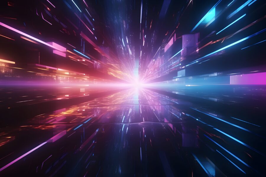 Futuristic technology abstract background with lines for network, big data, data center, server, internet, speed. Abstract neon lights into digital technology tunnel.